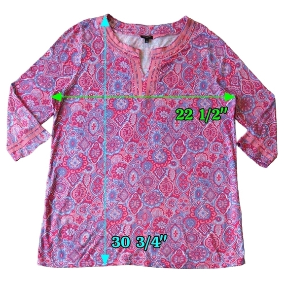 Talbots Pink Blue Abstract Split Neck 3/4 Sleeve Tunic Boho Colorful Maximalist - Picture 2 of 7